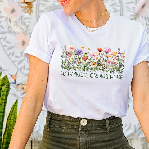 Happiness Grows Here — Lightweight 100% Cotton Unisex Tshirt